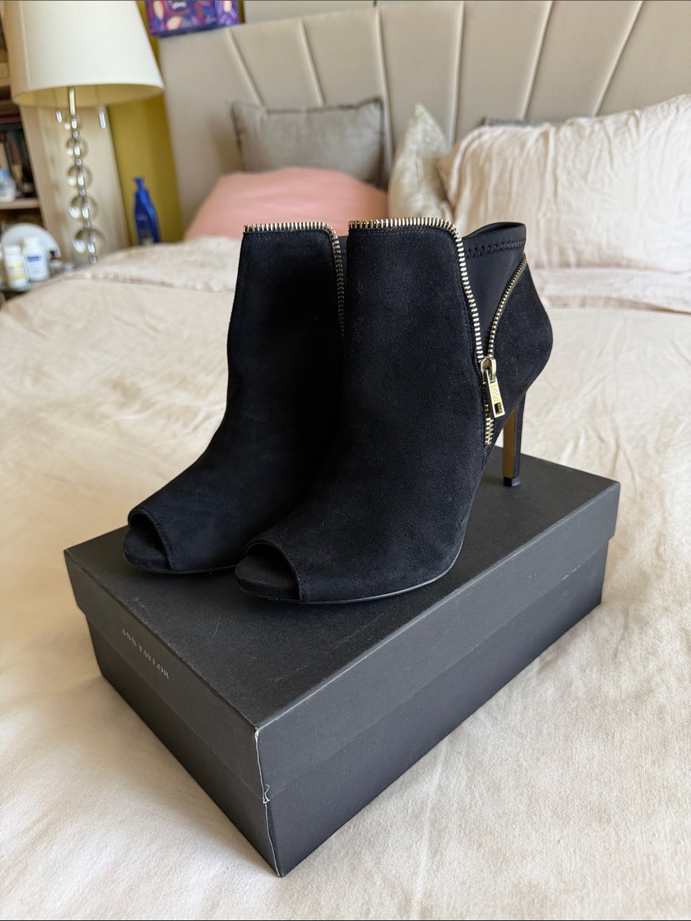 Ann Taylor Black Suede Peep-Toe Ankle Boots with Gold Zipper